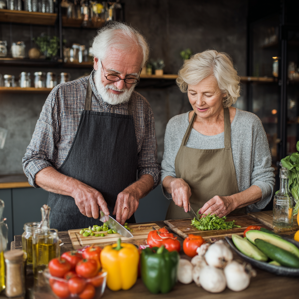 Middle-aged adults preparing healthy meals together in bright kitchen