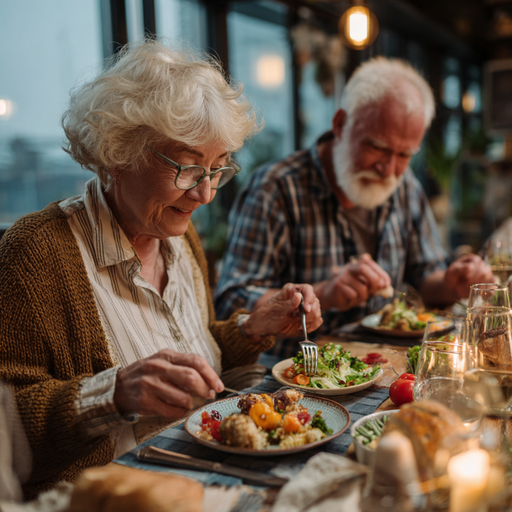 Older adults enjoying nutritious meal in peaceful dining environment